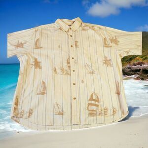 Sailboat Hawaiian Cotton Short Sleeve Button Up Dress Shirt Sz Lg beige sailing